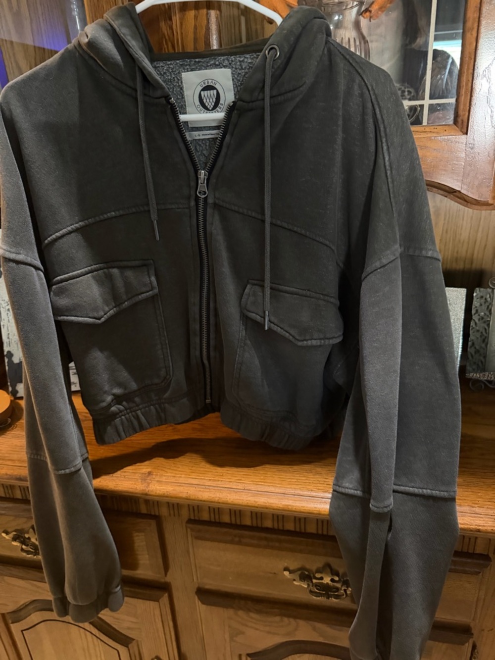 Urban Outfitters Cropped Hooded Zip Jacket in Charcoal